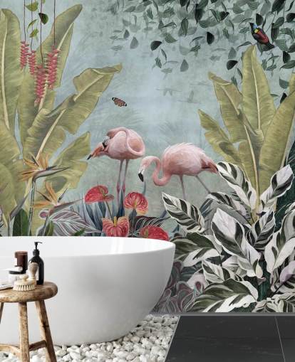 blauwe jungle behangmuurschildering genaamd Flamingos in the Jungle Blue bij Wallsauce voor slaapkamers en badkamers