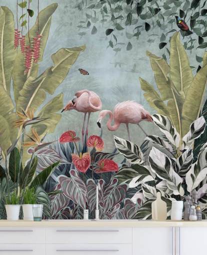 blue jungle wallpaper mural called Flamingos in the Jungle Blue at Wallsauce for bedrooms and bathrooms