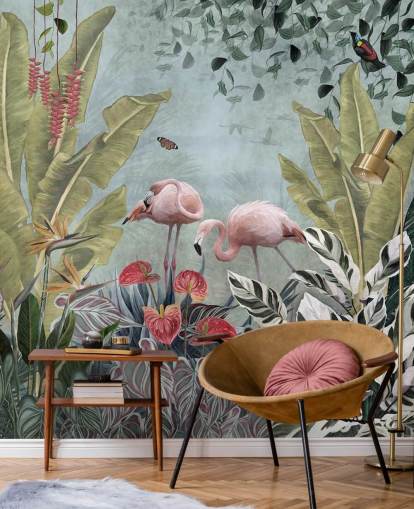 blauwe jungle behangmuurschildering genaamd Flamingos in the Jungle Blue bij Wallsauce voor slaapkamers en badkamers