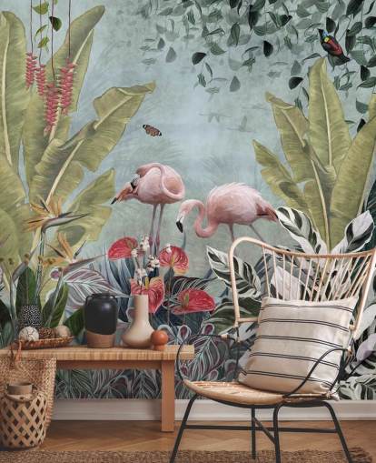 carta da parati murale blu giungla chiamata Flamingos in the Jungle Blue at Wallsauce per camere da letto e bagni