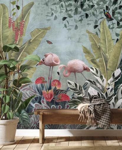 blue jungle wallpaper mural called Flamingos in the Jungle Blue at Wallsauce for bedrooms and bathrooms blue jungle wallpaper mural called Flamingos in the Jungle Blue at Wallsauce for bedrooms and bathrooms