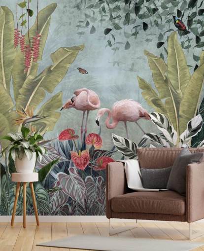 mural de papel pintado de la jungla azul llamado Flamingos in the Jungle Blue en Wallsauce para dormitorios y baños