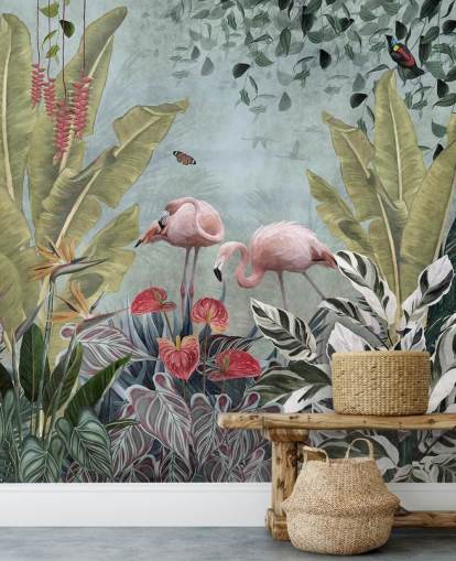 blauwe jungle behangmuurschildering genaamd Flamingos in the Jungle Blue bij Wallsauce voor slaapkamers en badkamers