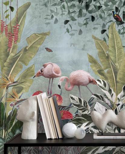 blå jungle tapetmaleri kaldet Flamingos in the Jungle Blue på Wallsauce til soveværelser og badeværelser blå jungle tapetmaleri kaldet Flamingos in the Jungle Blue på Wallsauce til soveværelser og badeværelser