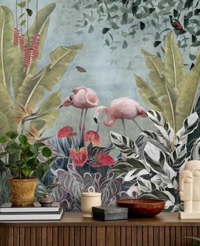 carta da parati murale blu giungla chiamata Flamingos in the Jungle Blue at Wallsauce per camere da letto e bagni