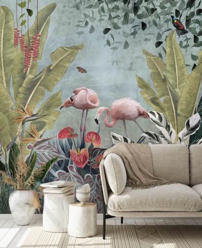 mural de papel de parede da selva azul chamado Flamingos in the Jungle Blue at Wallsauce para quartos e banheiros