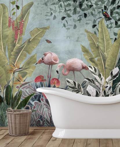 blaue Dschungel-Tapete namens Flamingos in the Jungle Blue at Wallsauce für Schlafzimmer und Badezimmer blaue Dschungel-Tapete namens Flamingos in the Jungle Blue at Wallsauce für Schlafzimmer und Badezimmer