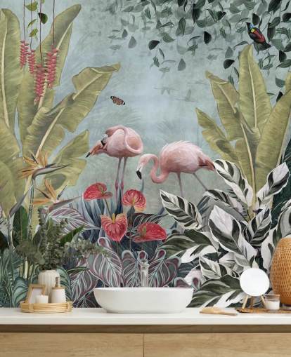 blue jungle wallpaper mural called Flamingos in the Jungle Blue at Wallsauce for bedrooms and bathrooms