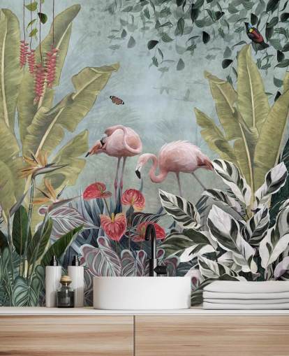 mural de papel pintado de la jungla azul llamado Flamingos in the Jungle Blue en Wallsauce para dormitorios y baños