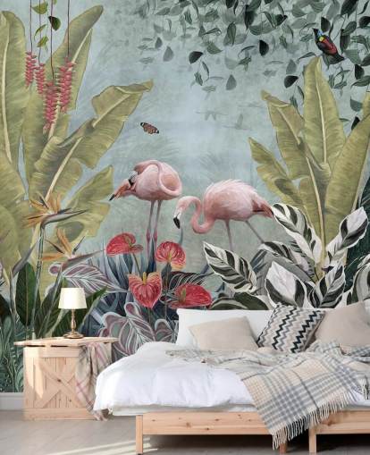 blå jungle tapetmaleri kaldet Flamingos in the Jungle Blue på Wallsauce til soveværelser og badeværelser