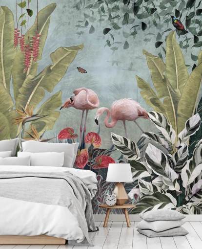 papier peint mural de la jungle bleue appelé Flamingos in the Jungle Blue at Wallsauce pour chambres et salles de bain papier peint mural de la jungle bleue appelé Flamingos in the Jungle Blue at Wallsauce pour chambres et salles de bain