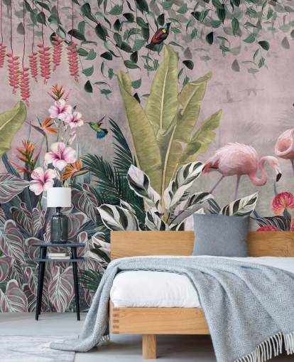 vaaleanpunainen viidakon taustakuvamaalaus nimeltä Flamingot viidakossa Pink Wallsaucessa makuuhuoneisiin, olohuoneisiin ja kylpyhuoneisiin