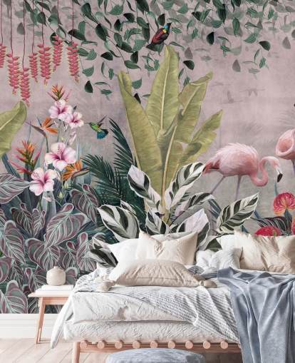 papier peint mural de la jungle rose appelé Flamingos in the Jungle Pink at Wallsauce pour les chambres, les salons et les salles de bain