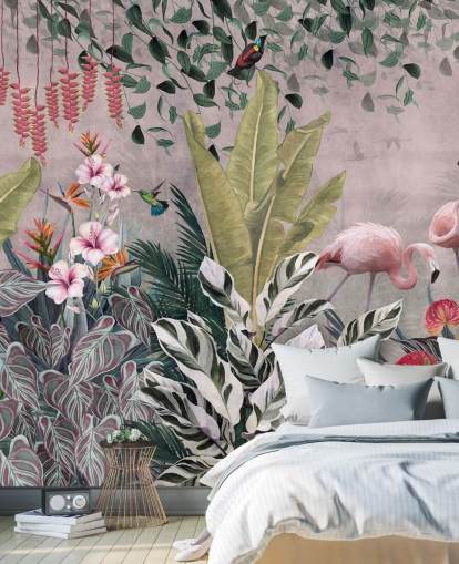 carta da parati murale rosa con giungla chiamata Flamingos in the Jungle Pink at Wallsauce per camere da letto, salotti e bagni carta da parati murale rosa con giungla chiamata Flamingos in the Jungle Pink at Wallsauce per camere da letto, salotti e bagni