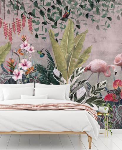 rosafarbenes Dschungel-Tapetenwandbild mit dem Titel Flamingos in the Jungle Pink in Wallsauce für Schlafzimmer, Wohnzimmer und Badezimmer