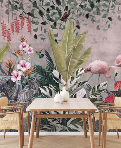 pink jungle wallpaper mural called Flamingos in the Jungle Pink at Wallsauce for bedrooms, living rooms and bathrooms
