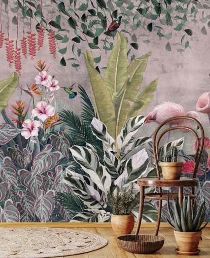 vaaleanpunainen viidakon taustakuvamaalaus nimeltä Flamingot viidakossa Pink Wallsaucessa makuuhuoneisiin, olohuoneisiin ja kylpyhuoneisiin vaaleanpunainen viidakon taustakuvamaalaus nimeltä Flamingot viidakossa Pink Wallsaucessa makuuhuoneisiin, olohuoneisiin ja kylpyhuoneisiin