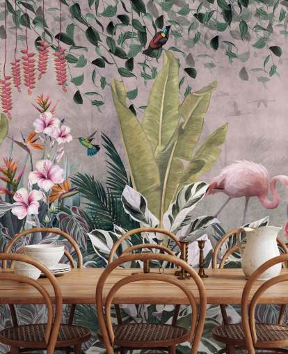 rosafarbenes Dschungel-Tapetenwandbild mit dem Titel Flamingos in the Jungle Pink in Wallsauce für Schlafzimmer, Wohnzimmer und Badezimmer