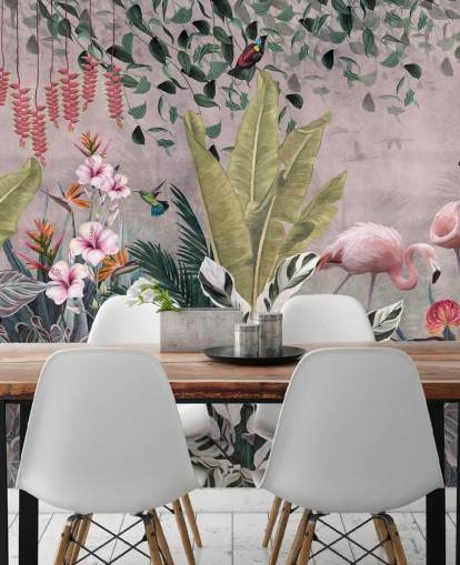 pink jungle wallpaper mural called Flamingos in the Jungle Pink at Wallsauce for bedrooms, living rooms and bathrooms