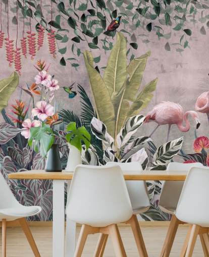 pink jungle tapetmaleri kaldet Flamingos in the Jungle Pink på Wallsauce til soveværelser, stuer og badeværelser