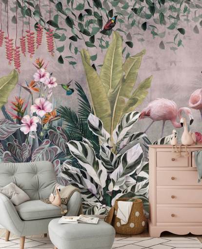pink jungle wallpaper mural called Flamingos in the Jungle Pink at Wallsauce for bedrooms, living rooms and bathrooms
