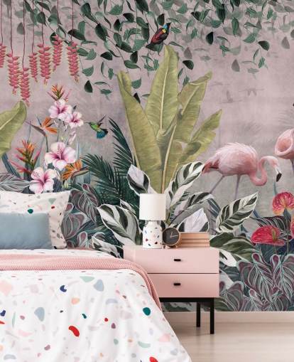 vaaleanpunainen viidakon taustakuvamaalaus nimeltä Flamingot viidakossa Pink Wallsaucessa makuuhuoneisiin, olohuoneisiin ja kylpyhuoneisiin