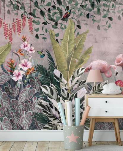 rosa jungel tapetmaleri kalt Flamingos in the Jungle Pink på Wallsauce for soverom, stuer og bad