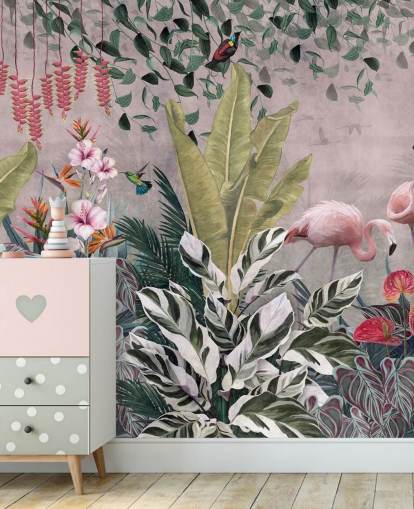 vaaleanpunainen viidakon taustakuvamaalaus nimeltä Flamingot viidakossa Pink Wallsaucessa makuuhuoneisiin, olohuoneisiin ja kylpyhuoneisiin vaaleanpunainen viidakon taustakuvamaalaus nimeltä Flamingot viidakossa Pink Wallsaucessa makuuhuoneisiin, olohuoneisiin ja kylpyhuoneisiin