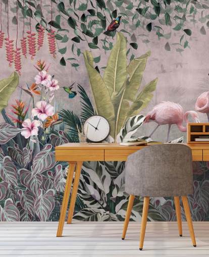 rosafarbenes Dschungel-Tapetenwandbild mit dem Titel Flamingos in the Jungle Pink in Wallsauce für Schlafzimmer, Wohnzimmer und Badezimmer rosafarbenes Dschungel-Tapetenwandbild mit dem Titel Flamingos in the Jungle Pink in Wallsauce für Schlafzimmer, Wohnzimmer und Badezimmer