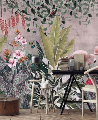 pink jungle tapetmaleri kaldet Flamingos in the Jungle Pink på Wallsauce til soveværelser, stuer og badeværelser