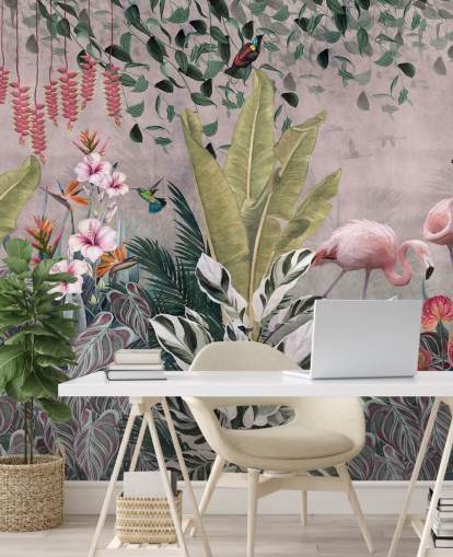 vaaleanpunainen viidakon taustakuvamaalaus nimeltä Flamingot viidakossa Pink Wallsaucessa makuuhuoneisiin, olohuoneisiin ja kylpyhuoneisiin