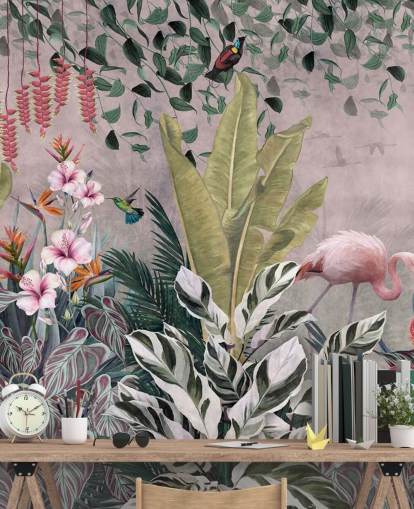 rosafarbenes Dschungel-Tapetenwandbild mit dem Titel Flamingos in the Jungle Pink in Wallsauce für Schlafzimmer, Wohnzimmer und Badezimmer rosafarbenes Dschungel-Tapetenwandbild mit dem Titel Flamingos in the Jungle Pink in Wallsauce für Schlafzimmer, Wohnzimmer und Badezimmer