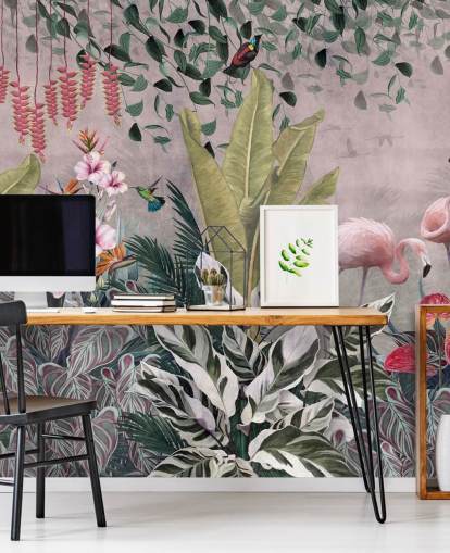 roze jungle behangmuurschildering genaamd Flamingos in the Jungle Pink bij Wallsauce voor slaapkamers, woonkamers en badkamers roze jungle behangmuurschildering genaamd Flamingos in the Jungle Pink bij Wallsauce voor slaapkamers, woonkamers en badkamers