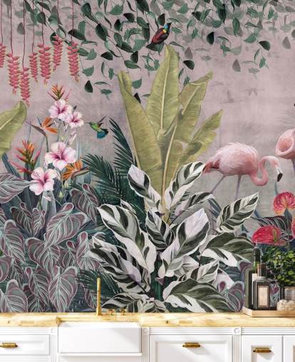 rosafarbenes Dschungel-Tapetenwandbild mit dem Titel Flamingos in the Jungle Pink in Wallsauce für Schlafzimmer, Wohnzimmer und Badezimmer rosafarbenes Dschungel-Tapetenwandbild mit dem Titel Flamingos in the Jungle Pink in Wallsauce für Schlafzimmer, Wohnzimmer und Badezimmer