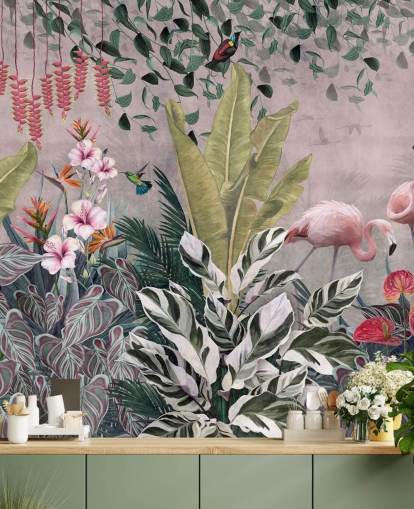 rosa jungel tapetmaleri kalt Flamingos in the Jungle Pink på Wallsauce for soverom, stuer og bad