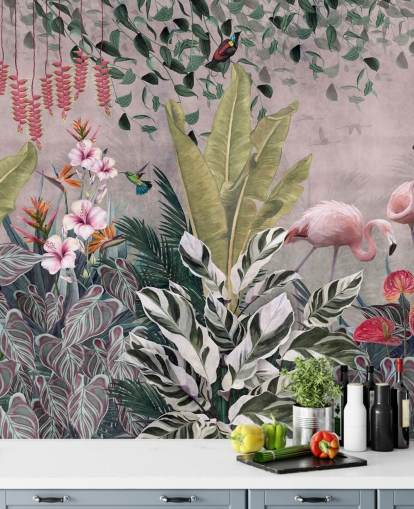 carta da parati murale rosa con giungla chiamata Flamingos in the Jungle Pink at Wallsauce per camere da letto, salotti e bagni