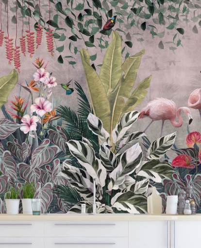 mural rosa de la jungla llamado Flamingos in the Jungle Pink at Wallsauce para dormitorios, salas de estar y baños