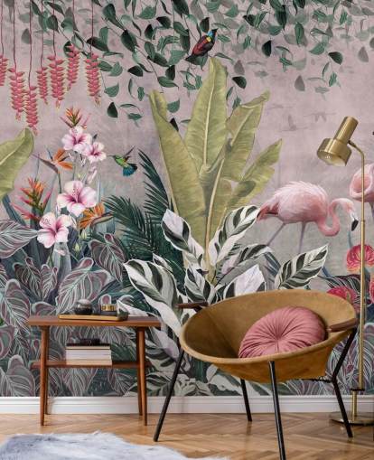 rosa djungel tapetväggmålning som heter Flamingos in the Jungle Pink på Wallsauce för sovrum, vardagsrum och badrum