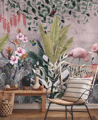 mural de papel de parede rosa da selva chamado Flamingos in the Jungle Pink at Wallsauce para quartos, salas de estar e banheiros mural de papel de parede rosa da selva chamado Flamingos in the Jungle Pink at Wallsauce para quartos, salas de estar e banheiros