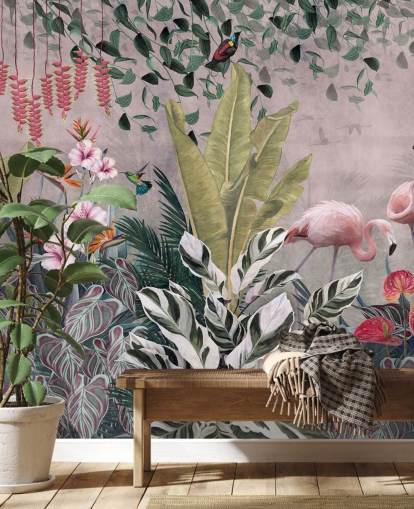 vaaleanpunainen viidakon taustakuvamaalaus nimeltä Flamingot viidakossa Pink Wallsaucessa makuuhuoneisiin, olohuoneisiin ja kylpyhuoneisiin vaaleanpunainen viidakon taustakuvamaalaus nimeltä Flamingot viidakossa Pink Wallsaucessa makuuhuoneisiin, olohuoneisiin ja kylpyhuoneisiin