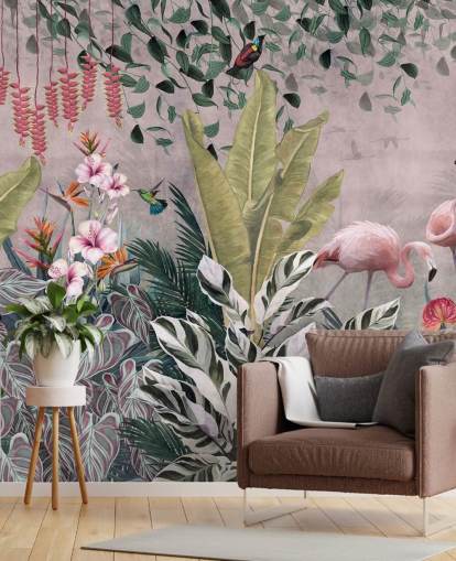 rosafarbenes Dschungel-Tapetenwandbild mit dem Titel Flamingos in the Jungle Pink in Wallsauce für Schlafzimmer, Wohnzimmer und Badezimmer