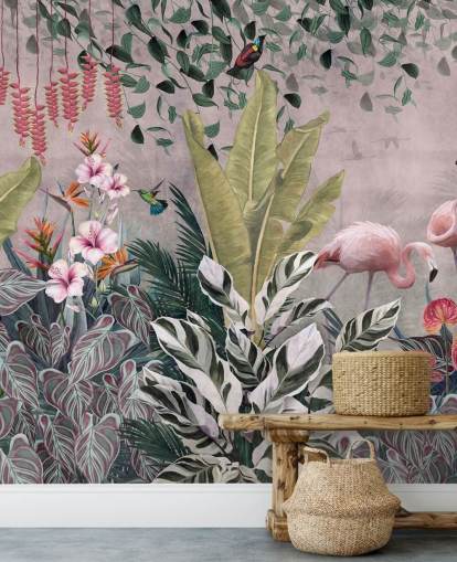 papier peint mural de la jungle rose appelé Flamingos in the Jungle Pink at Wallsauce pour les chambres, les salons et les salles de bain