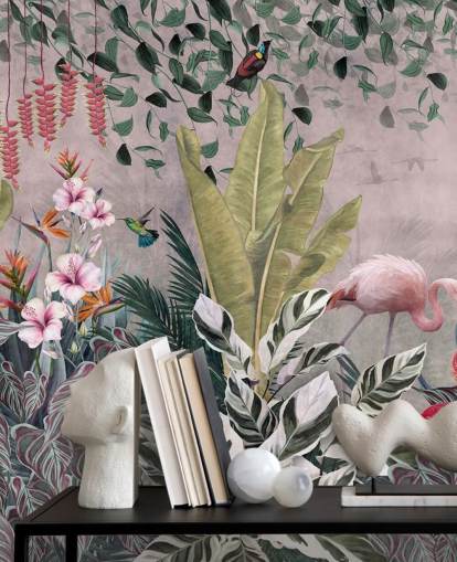carta da parati murale rosa con giungla chiamata Flamingos in the Jungle Pink at Wallsauce per camere da letto, salotti e bagni