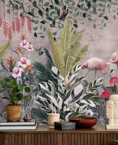 roze jungle behangmuurschildering genaamd Flamingos in the Jungle Pink bij Wallsauce voor slaapkamers, woonkamers en badkamers