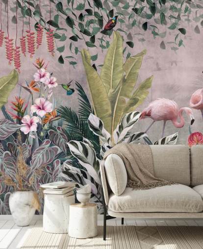 pink jungle tapetmaleri kaldet Flamingos in the Jungle Pink på Wallsauce til soveværelser, stuer og badeværelser pink jungle tapetmaleri kaldet Flamingos in the Jungle Pink på Wallsauce til soveværelser, stuer og badeværelser