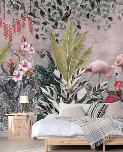 pink jungle wallpaper mural called Flamingos in the Jungle Pink at Wallsauce for bedrooms, living rooms and bathrooms