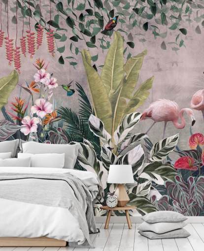 carta da parati murale rosa con giungla chiamata Flamingos in the Jungle Pink at Wallsauce per camere da letto, salotti e bagni carta da parati murale rosa con giungla chiamata Flamingos in the Jungle Pink at Wallsauce per camere da letto, salotti e bagni