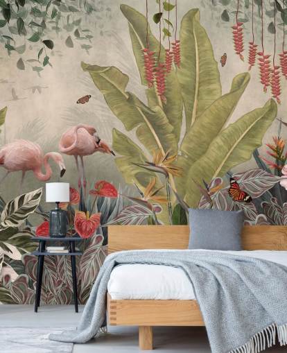 beige jungle muurschildering genaamd Flamingos in the Jungle at Wallsauce voor slaapkamers, woonkamers en gangen