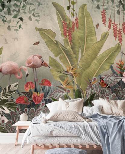 murale beige con giungla chiamato Flamingos in the Jungle at Wallsauce per camere da letto, salotti e corridoi