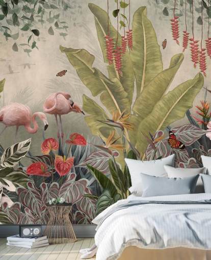 fresque murale beige de la jungle intitulée Flamingos in the Jungle at Wallsauce pour les chambres, les salons et les couloirs fresque murale beige de la jungle intitulée Flamingos in the Jungle at Wallsauce pour les chambres, les salons et les couloirs